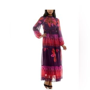 Maison Tara Retro Floral Mixed Print Long Sleeve Maxi Dress Size 10